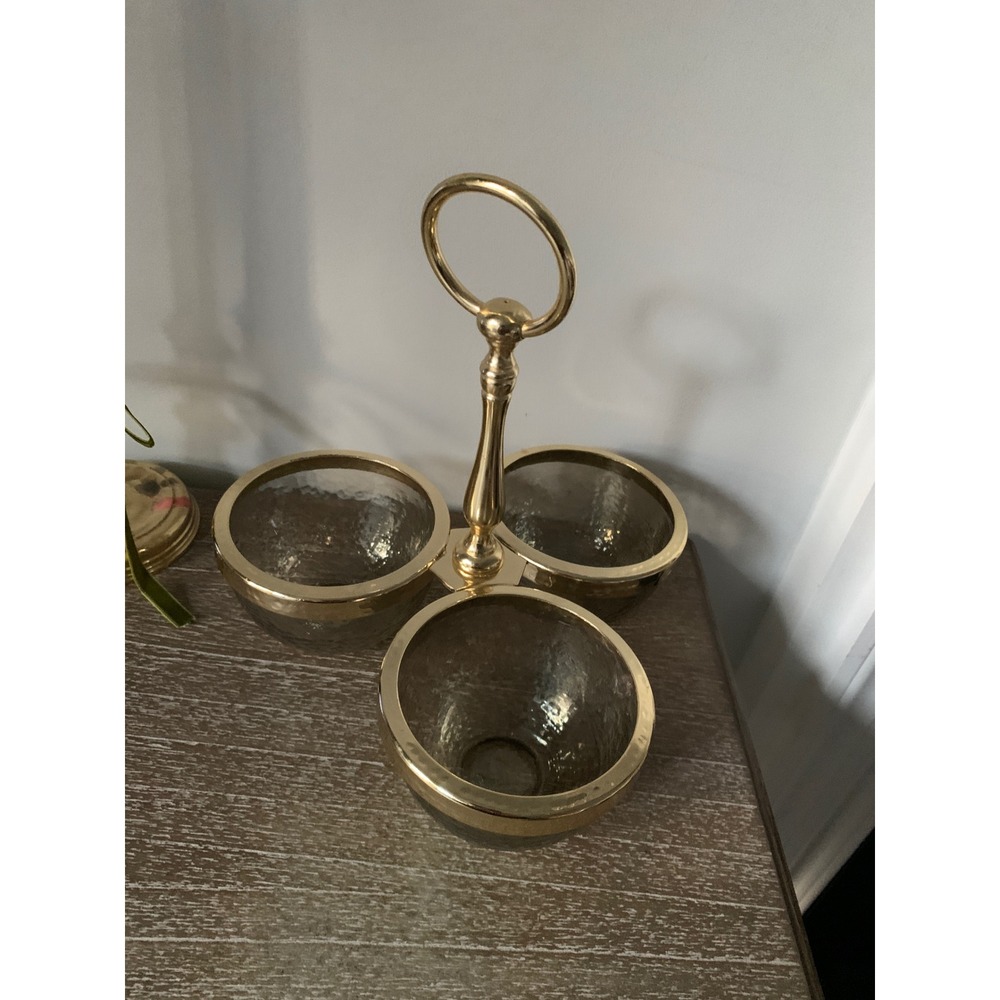 Vintage 3 Bowl Condiment Server Gold Rimmed Textured Glass with Handle Gold Tone